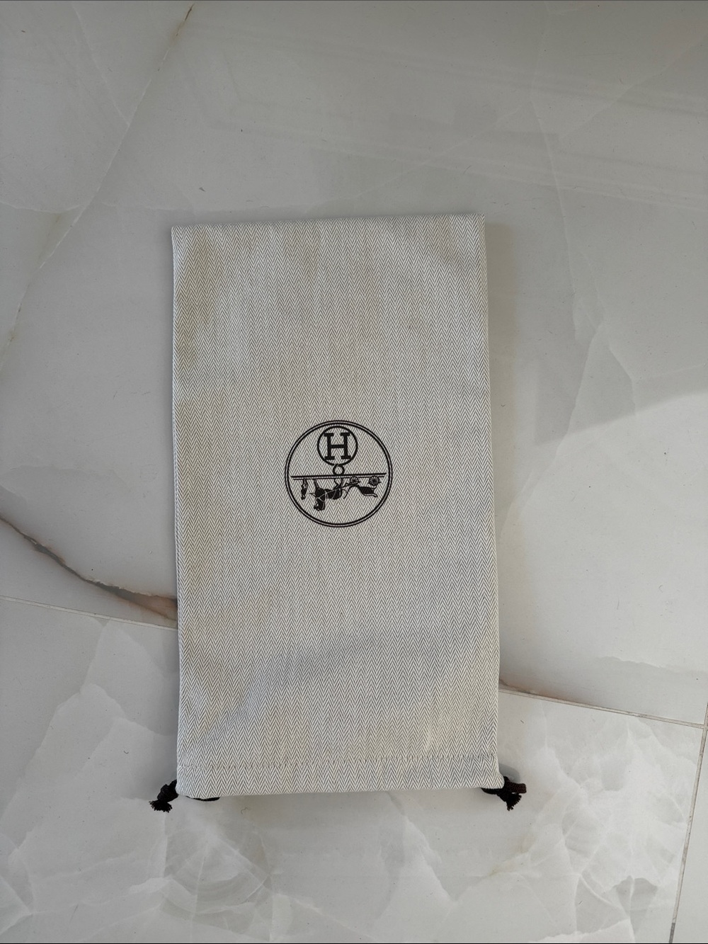 Hermes White/Cream Drawstring Dust Bag with Black Logo